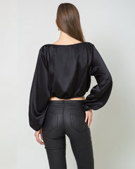 Damen Crop-Top Seidenbluse mit Laternenärmeln