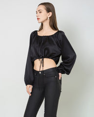 Damen Crop-Top Seidenbluse mit Laternenärmeln