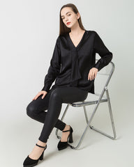 Damen Seiden-Satin-Bluse mit V-Ausschnitt und Krawattenzug
