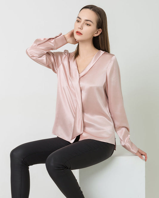 Damen Seiden-Satin-Bluse mit V-Ausschnitt und Krawattenzug