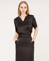 Seiden-Bluse und Seiden-Midi-Rock-Set mit V-Ausschnitt
