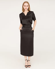 Seiden-Bluse und Seiden-Midi-Rock-Set mit V-Ausschnitt
