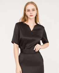 Seiden-Bluse und Seiden-Midi-Rock-Set mit V-Ausschnitt
