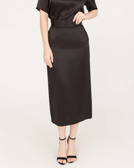 Seiden-Bluse und Seiden-Midi-Rock-Set mit V-Ausschnitt