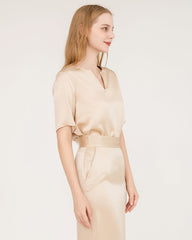 Seiden-Bluse und Seiden-Midi-Rock-Set mit V-Ausschnitt