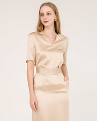 Seiden-Bluse und Seiden-Midi-Rock-Set mit V-Ausschnitt