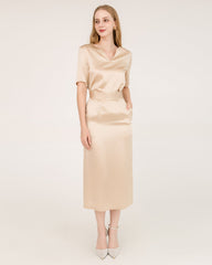 Seiden-Bluse und Seiden-Midi-Rock-Set mit V-Ausschnitt