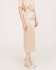 Seiden-Bluse und Seiden-Midi-Rock-Set mit V-Ausschnitt