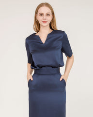 Seiden-Bluse und Seiden-Midi-Rock-Set mit V-Ausschnitt