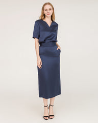 Seiden-Bluse und Seiden-Midi-Rock-Set mit V-Ausschnitt