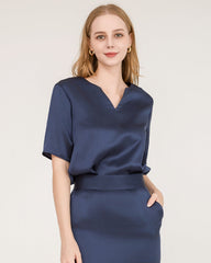 Seiden-Bluse und Seiden-Midi-Rock-Set mit V-Ausschnitt