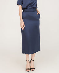 Seiden-Bluse und Seiden-Midi-Rock-Set mit V-Ausschnitt