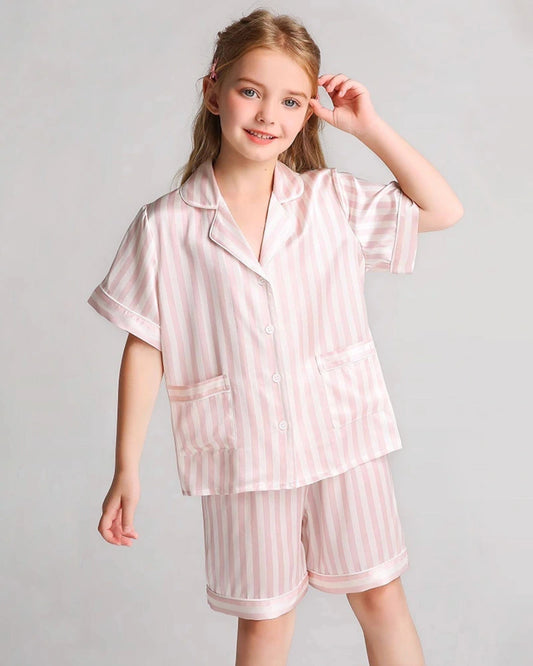 Kurzarm Streifen Pyjama Set Kinder Seiden-Nachtwäsche