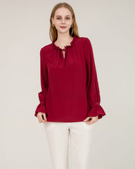 Seidenbluse mit Krawattenhals und Rüschen-Detail