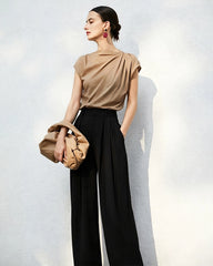 Triacetat-Hose mit hohem Bund, Plisseefalten und geradem Bein