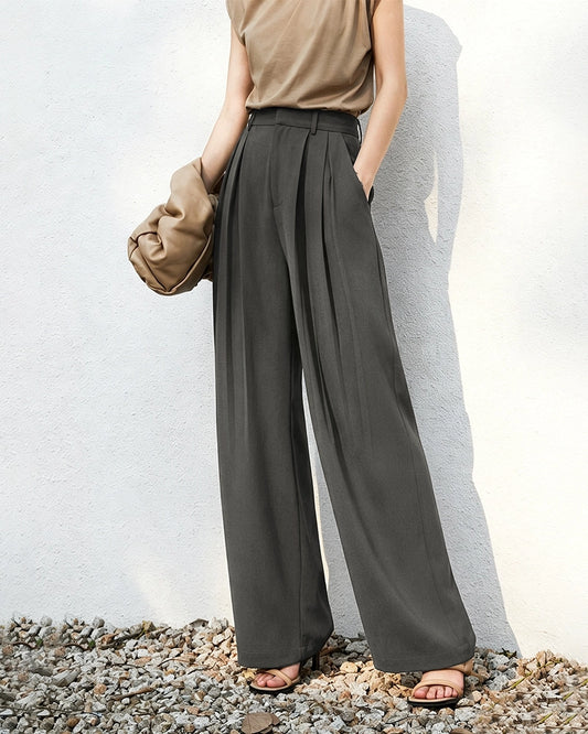 Triacetat-Hose mit hohem Bund, Plisseefalten und geradem Bein