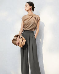 Triacetat-Hose mit hohem Bund, Plisseefalten und geradem Bein