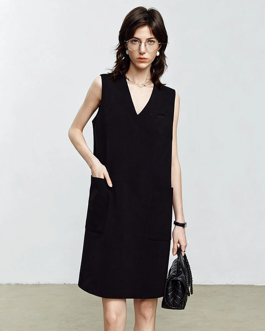 Triacetat-Kleid ohne Ärmel mit V-Ausschnitt und Seidenfutter