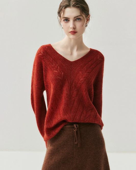 V-Ausschnitt Zopfmuster Pullover aus Seide und Kaschmir