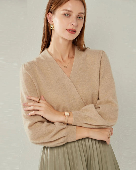 Kaschmir-Strickpullover mit V-Ausschnitt und Laternenärmeln