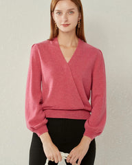 Kaschmir-Strickpullover mit V-Ausschnitt und Laternenärmeln