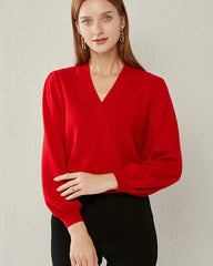 Kaschmir-Strickpullover mit V-Ausschnitt und Laternenärmeln