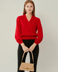 Kaschmir-Strickpullover mit V-Ausschnitt und Laternenärmeln