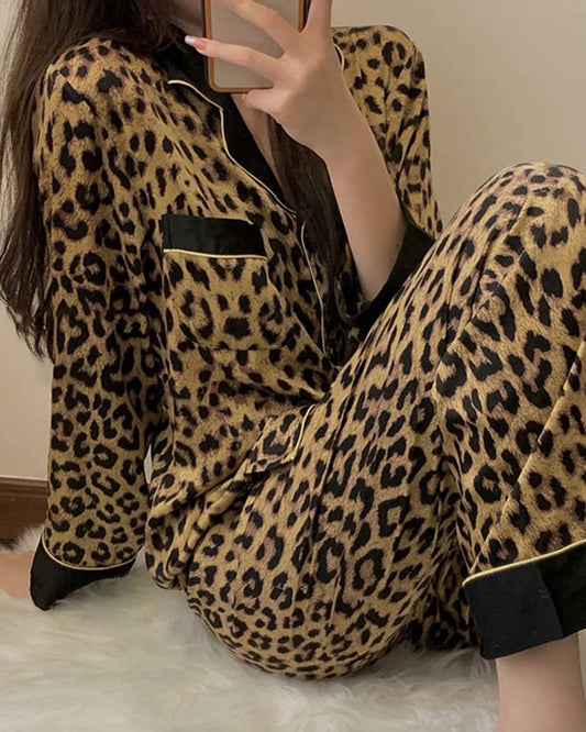 Leopard Seiden-Pyjama Set Langarm – Damen