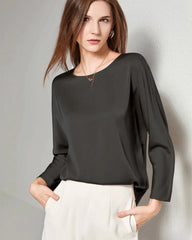 Damen Klassische Rundhals-Seidenbluse Black