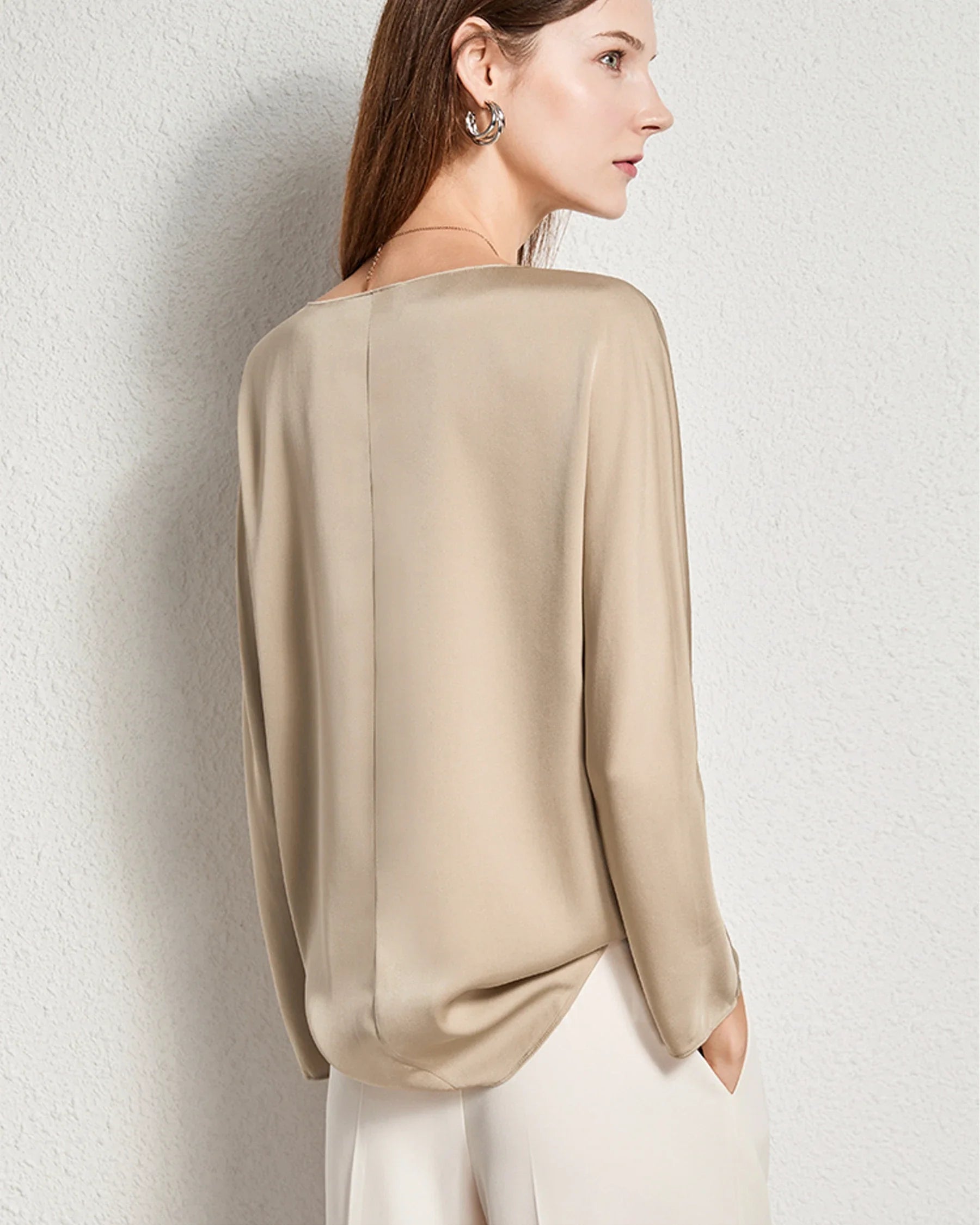 Damen Klassische Rundhals-Seidenbluse Champagne
