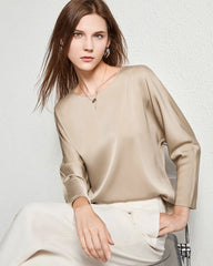 Damen Klassische Rundhals-Seidenbluse Champagne