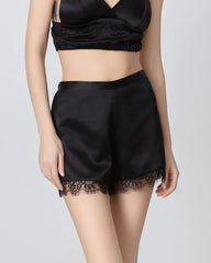Schwarze Seiden-Pyjama-Shorts für Frauen mit Spitzenbesatz