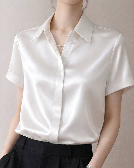 Kurzarm Klassische Seidenbluse Damen – Knopfverschluss
