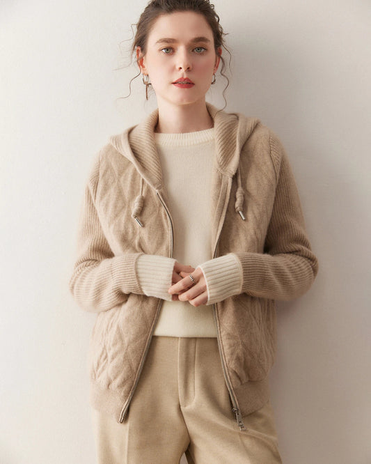 Damen-Kaschmir-Strickjacke mit Kapuze und Reißverschluss