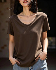Seidenjersey V-Neck T-Shirt – Damen