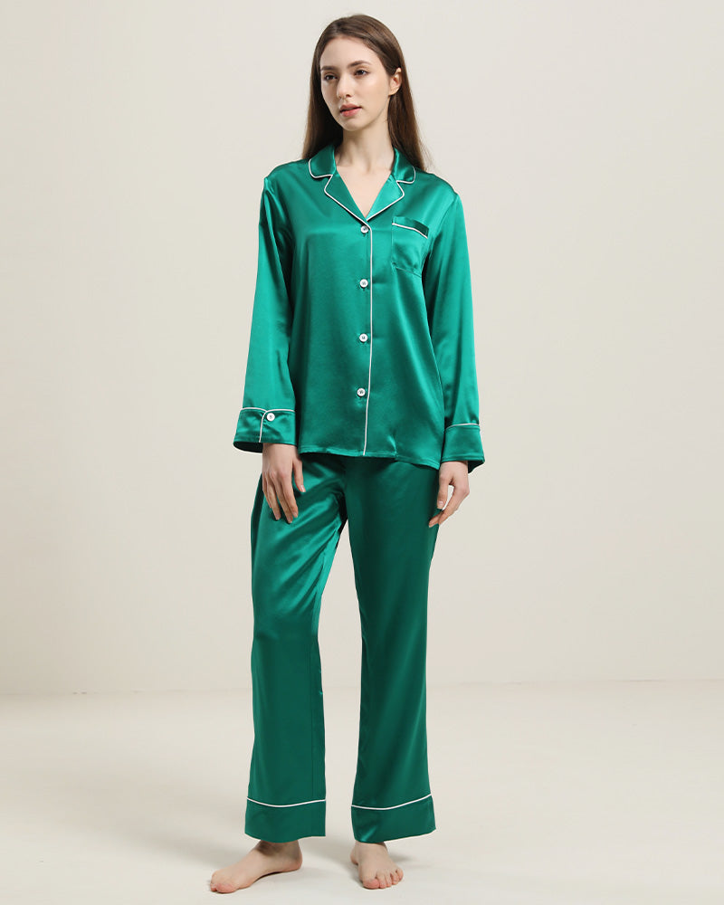 22Momme Klassisches Seiden-Pyjama-Set Dark Green