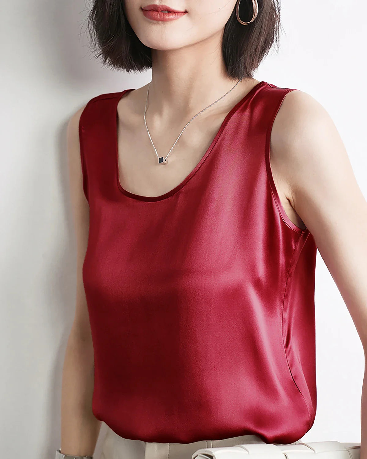 Damen Seiden-Tanktop mit Rundhals und ärmellos Burgundy
