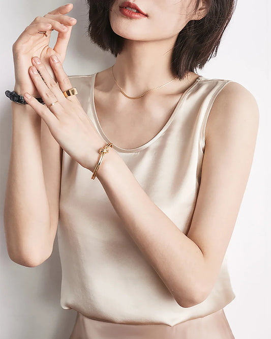 Damen Seiden-Tanktop mit Rundhals und ärmellos Champagne