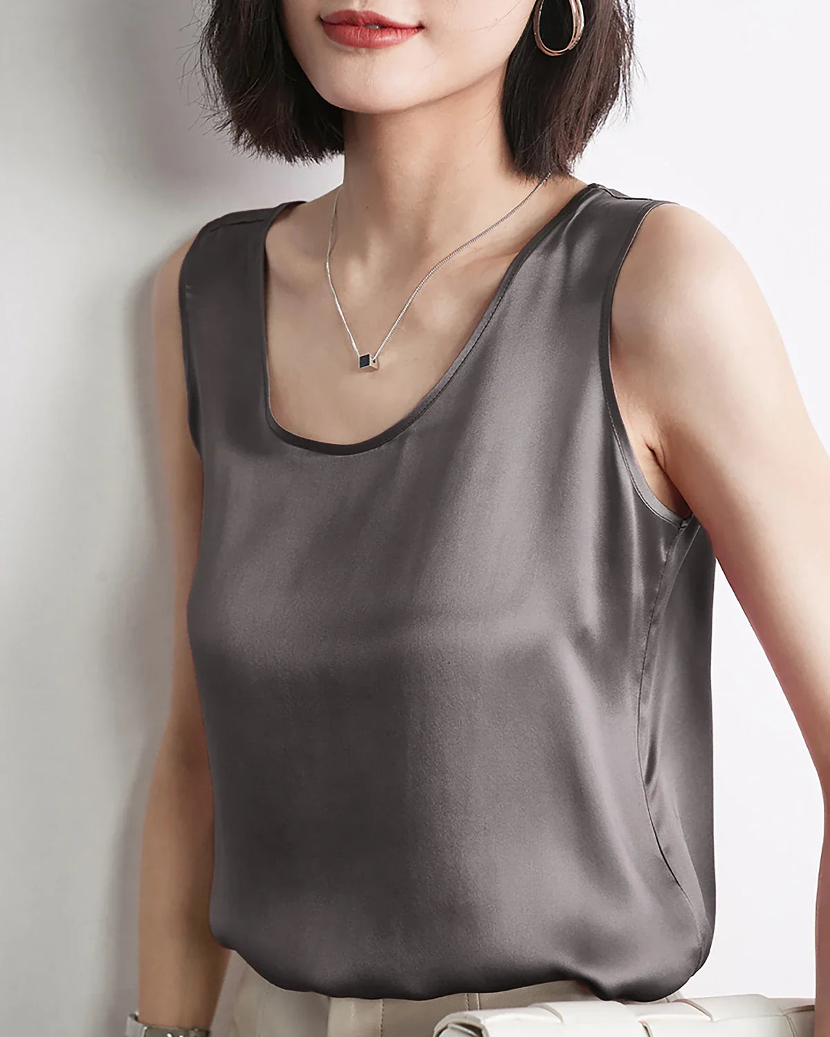 Damen Seiden-Tanktop mit Rundhals und ärmellos Dark Grey