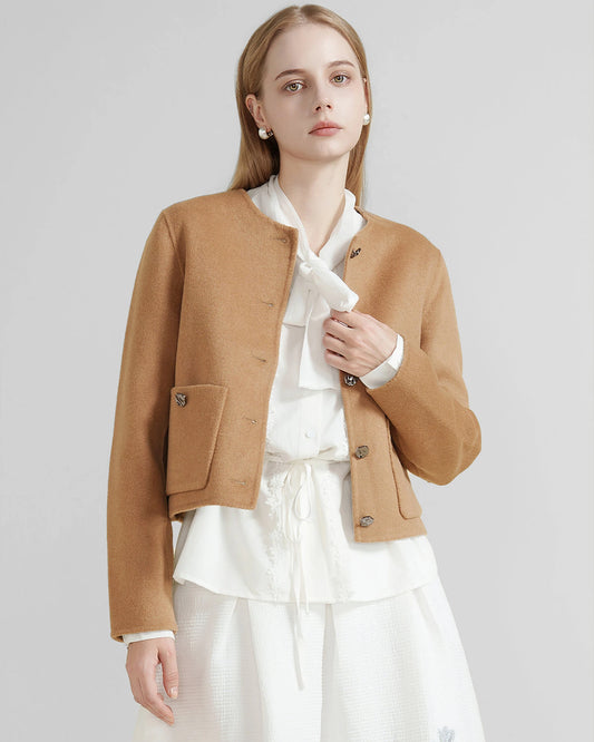 Damen kurze Wolljacke mit Rundkragen