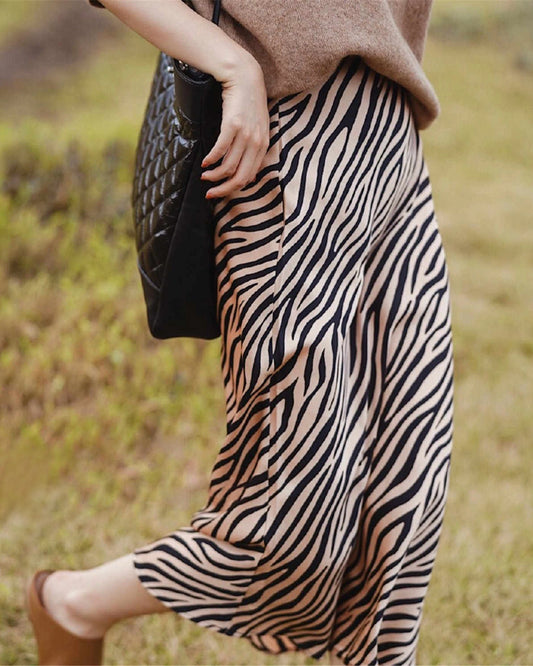 Damen Midi Seidenrock mit Zebra-Muster