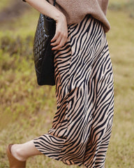 Damen Midi Seidenrock mit Zebra-Muster