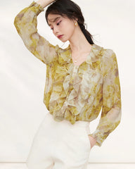 Gelbe Seiden-Bluse mit Blumenmuster und Rüschen