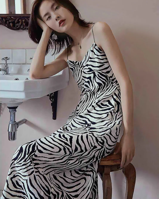 Zebra-Muster Spaghettiträger Seidenkleid