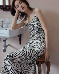 Zebra-Muster Spaghettiträger Seidenkleid