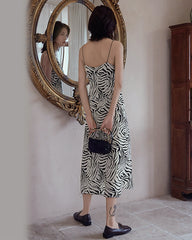 Zebra-Muster Spaghettiträger Seidenkleid