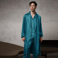 Reine Seiden-Set: Kimono mit Kontrastborte & Gürtel + Hosen