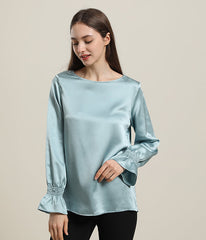 Langarm-Seidenbluse mit Rüschenmanschetten