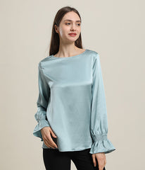 Langarm-Seidenbluse mit Rüschenmanschetten