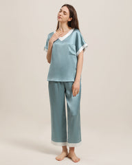 V-Ausschnitt Pullover Seiden Pyjama Set
